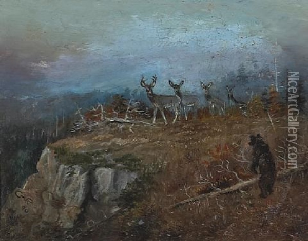 Deer And Bear In A Landscape Oil Painting - Charles Marion Russell
