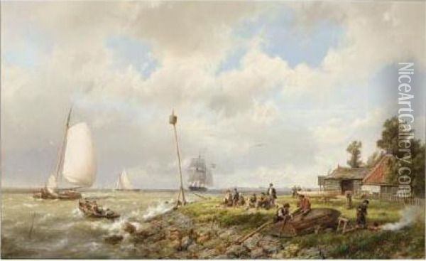 A Coastal Scene With Figures Repairing A Boat Oil Painting - Hermanus Koekkoek