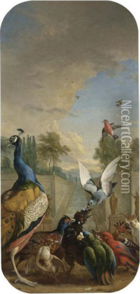 A Peacock, A Pheasant, A Parrot,
 A Cockatoo And Other Tropical Birds Assaulting A Crow In A Park 
Landscape; A Mallard And A Spaniel Besides A Lake In A Park Landscape Oil Painting - Jan Weenix
