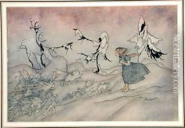 Gerda is terrified by the Snow Queens advance guard, but she said Our Father, illustration from The Snow Queen by Hans Christian Andersen, published 1932 Oil Painting - Arthur Rackham