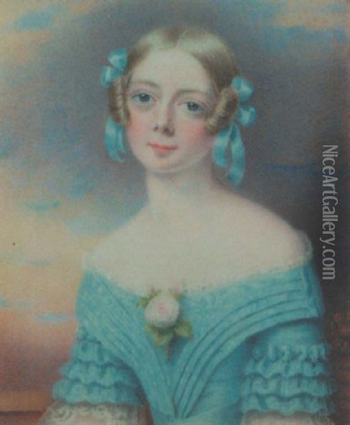 A Young Lady Wearing Decollete Turquoise Blue Dress With White Lace Trim, Layered Frilled Short Sleeves And White Lace Cuffs, Matching Ribbons In Her Blonde Hair And Pale Pink Rose At Her Corsage Oil Painting -  Douglas (Miss Archibald Ramsay)
