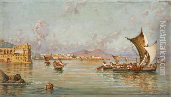 Bucht Von Neapel Mit Blick Auf Den Palazzo Donn'anna Und Den Vesuv Oil Painting - Giuseppe Carelli
