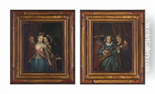 Figures Of The Commedia Dell'arte; Figures Of The Commedia Dell'arte (pair) Oil Painting - Philip Mercier