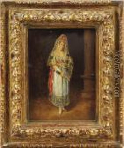 Portrait Of A Lady, Full Length,
 Wearing A Silk Mantilla With Apeineta, Holding A Fan, Standing Beside A
 Column. Oil Painting - Francisco De Goya y Lucientes
