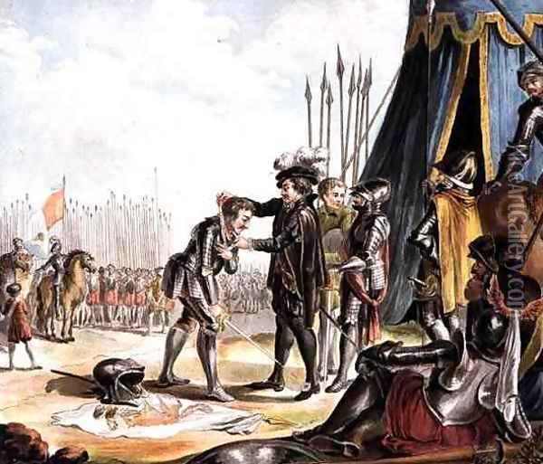 Henri II 1519-59 Receives Jean de Tavanes as a Knight into his Order, engraved by Roger, 1788 Oil Painting - Antoine Louis Francois Sergent-Marceau
