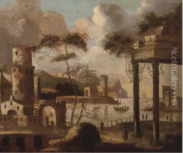 A Capriccio Of A Mediterranean Harbour With Shipping Oil Painting - Thomas Wyck