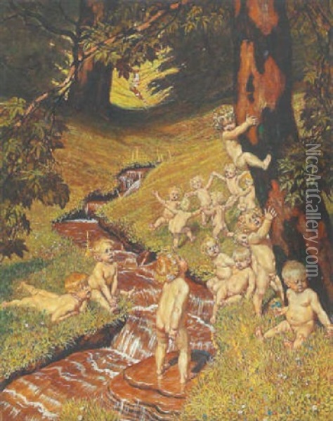 Spielende Kinder Am Waldbach: Allegorie Auf Den Sommer Oil Painting - Franz Stassen