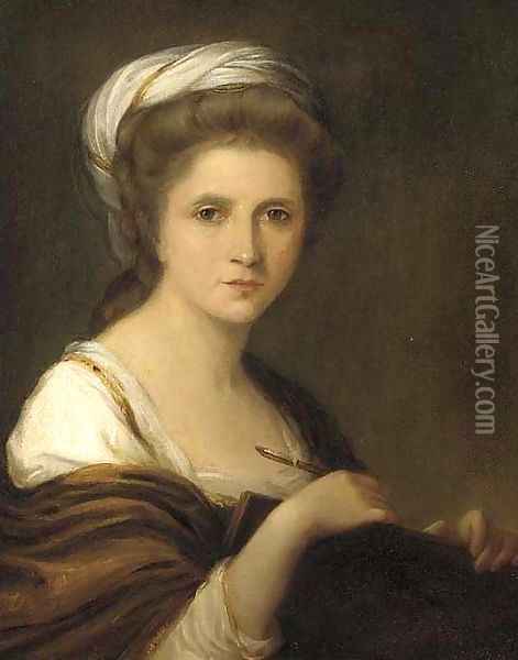 Portrait of the artist, bust-length, a pen and folio under her arm Oil Painting - Angelica Kauffmann