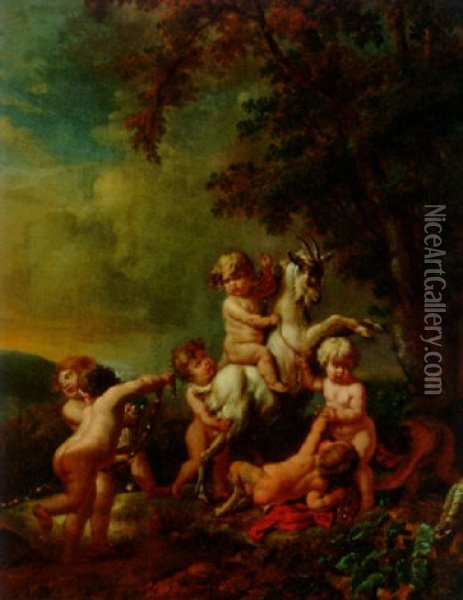 Putti And A Faun Cavorting With A Goat Oil Painting - Jan van Neck