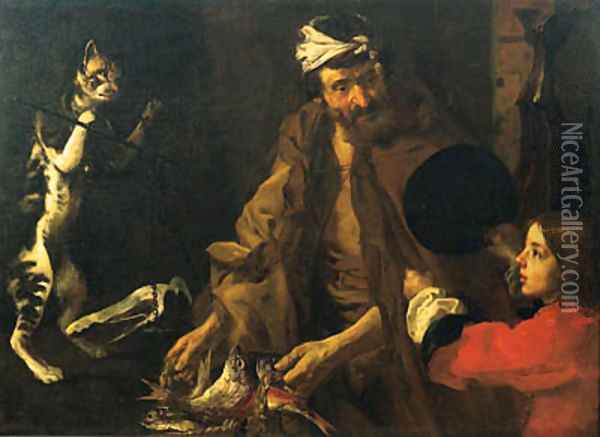 A fishmonger, a boy and a cat weighing a piece of ham on a set of scales Oil Painting - Bernhard Keil