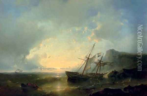 A shipwreck at sunset Oil Painting - Abraham Hulk Jun.
