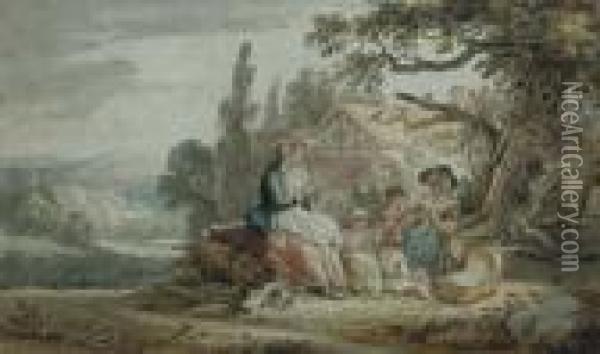 A Family Outside A Cottage Oil Painting - Thomas Sandby