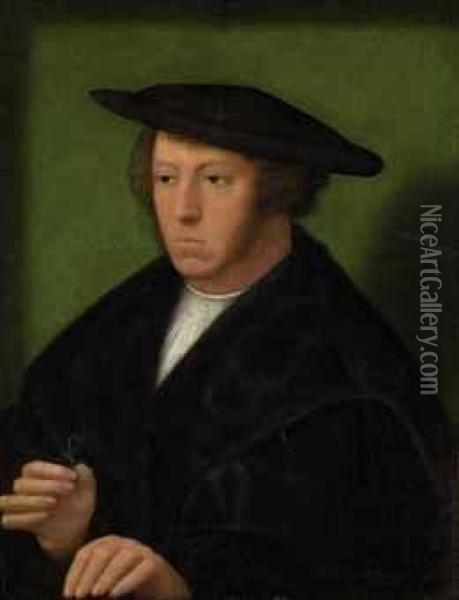 Portrait Of A Gentleman, Half-length, In A Fur-lined Black Mantleand Hat, A Flower In His Right Hand Oil Painting - Adriaen Isenbrandt (Ysenbrandt)