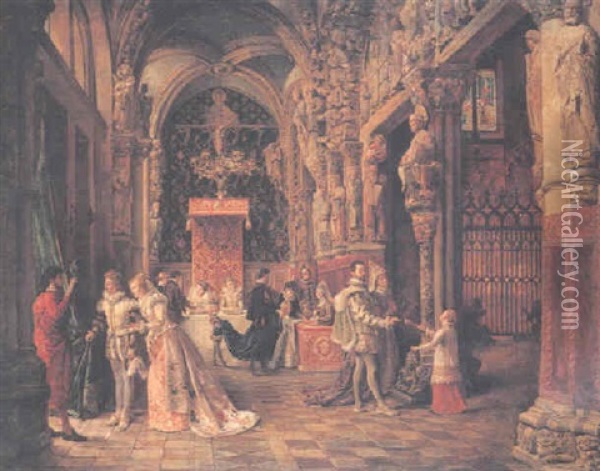 Portico De La Gloria, Cathederal Of Santiago De Compostela (le Marquises Queteuses Au Moyen Age) Oil Painting - Ignacio de Leon Escosura