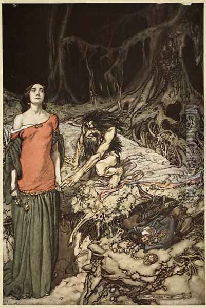 The wooing of Grimhilde, the mother of Hagen, from Siegfried and The Twilight of the Gods, 1910 Oil Painting - Arthur Rackham
