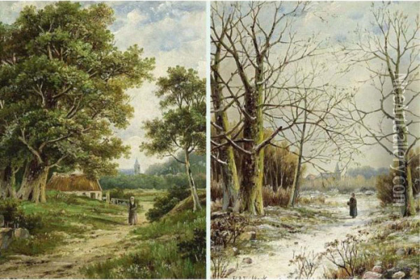 A Peasant Woman On A Forest Path, In Summer; In Winter (a Pair) Oil Painting - Hendrik Pieter Koekkoek