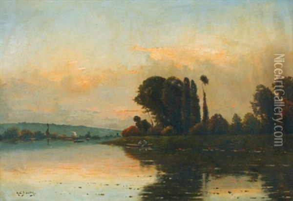 Abendliche Flusspartie Mit Fischerboot Und Dampfschiff Oil Painting - Hippolyte Camille Delpy