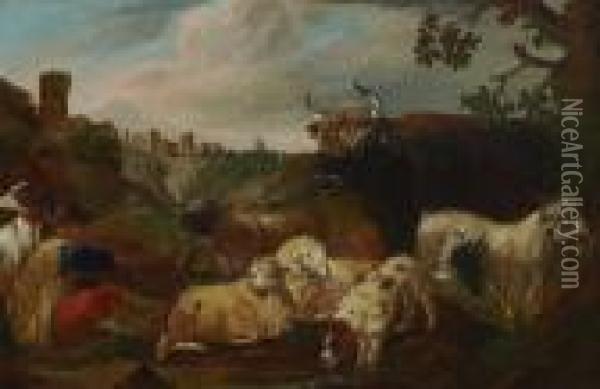 Hirte Mit Vieh In Sudlicher Landschaft. Oil Painting - Philipp Peter Roos