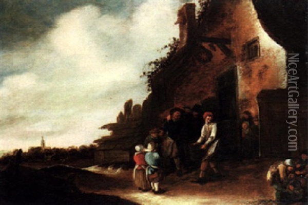 Peasants Outside An Inn, A Church Spire In The Distance Oil Painting - Adriaen Jansz van Ostade