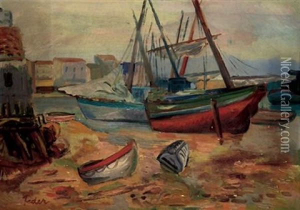 Bateaux Au Port A Maree Basse Oil Painting - Adolphe Aizik Feder