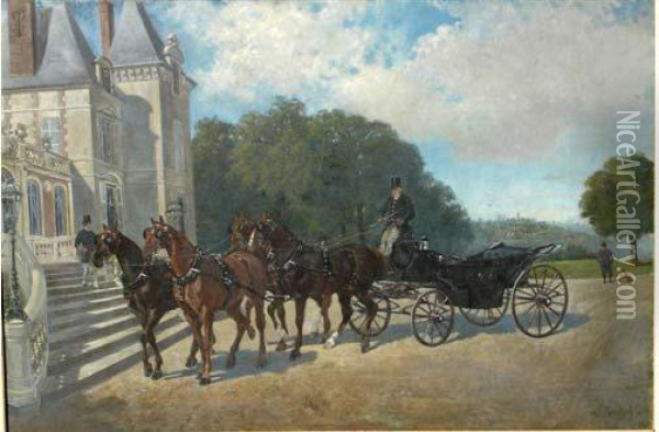 L'arrivee Au Perron Du Chateau De La Pierre. Oil Painting - Ernest Alexandre Bodoy