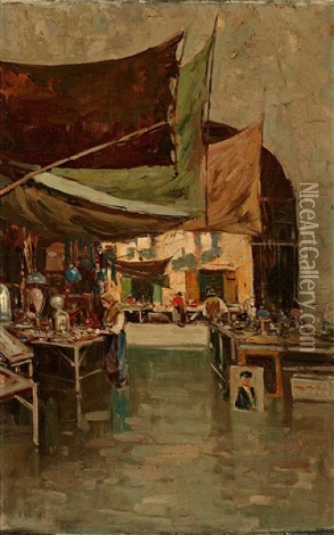 Trodelmarkt In Italien Mit Zahlreichen Standen Und Figurenstaffage Oil Painting - Alberto Pasini