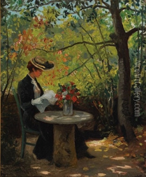 Woman Reading In A Sunlit Garden Oil Painting - Victor Olivier Gilsoul