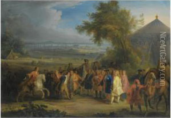 An Extensive Landscape With 
Louis Xiv Of France Being Presented With A Prisoner Of War In The 
Foreground, A Battle Beyond Oil Painting - Adam Frans van der Meulen