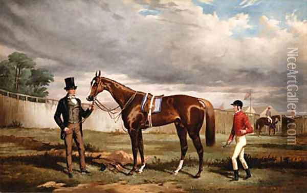 Sir Joseph Hawley's Teddington held by his Trainer Alec Taylor with the Jockey Job Marson at Epsom Oil Painting - Alfred F. De Prades