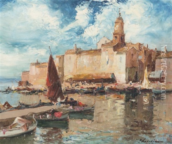 Le Port De Saint Tropez Oil Painting - Georgi Alexandrovich Lapchine