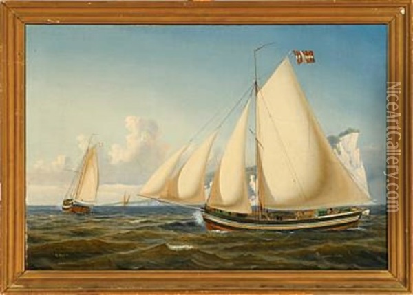 Ship Portrait Of The Danish Packet Boat "christine Marie" Passing The Cliffs On Mon Oil Painting - Carl Julius Emil Olsen