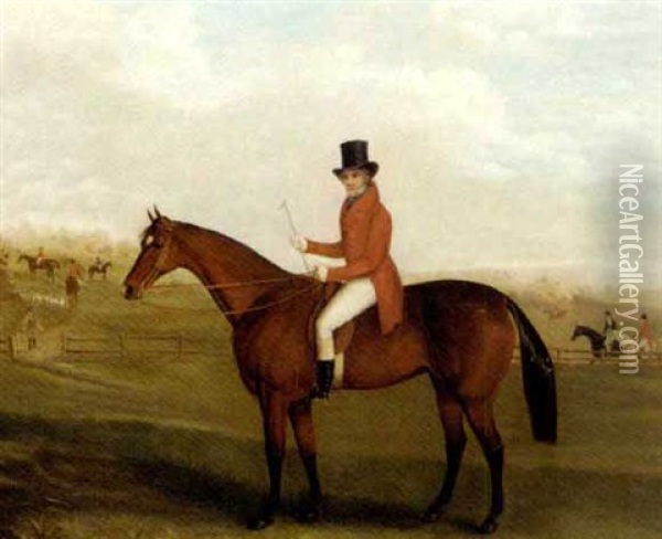 Portrait Of A Gentleman On A Bay Hunter With A Hunt Beyond (mr. John Mytton?) Oil Painting - David (of York) Dalby