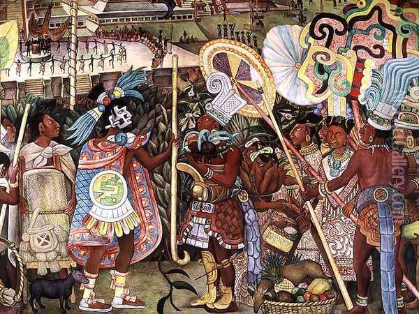 The Culture of Totonaken, detail of Totonac nobility trading with Aztec merchants 1950 Oil Painting - Diego Rivera