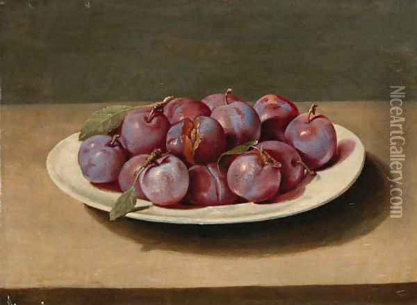 Plums on a white dish on a table Oil Painting - Louise Moillon
