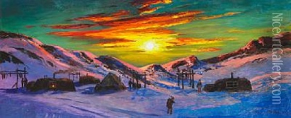 Sunset Over A Settlement In Greenland Oil Painting - Emanuel A. Petersen