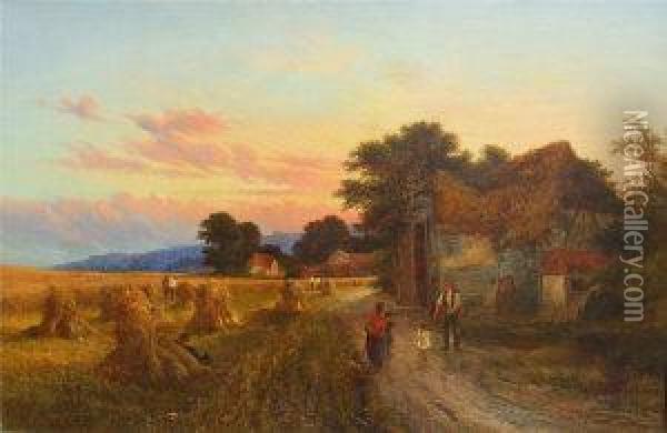 A Harvest Scene At Sunrise Oil Painting - Walter Williams