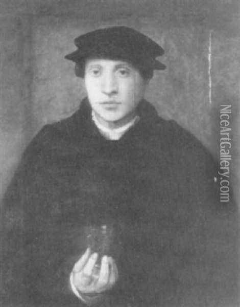 Portrait Of A Young Man, Half Length In A                   Black Cloak And Cap, Holding A Glass Oil Painting - Christoph Amberger