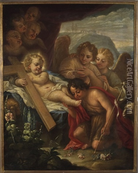 Gesu Bambino Con La Croce Adorato Dagli Angeli E Da San Giovannino Oil Painting - Pietro da Cortona
