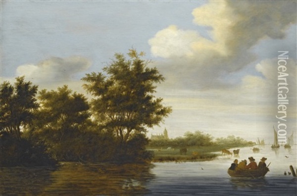 River Landscape With Trees Overhanging The Bank, A Rowing Boat And A Distant Church Oil Painting - Salomon van Ruysdael