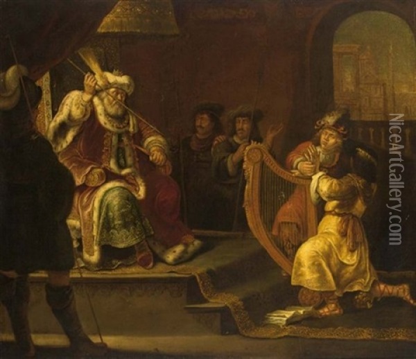 David Playing The Harp Before Saul (i Sam. 16: 23) Oil Painting - Franz Wulfhagen