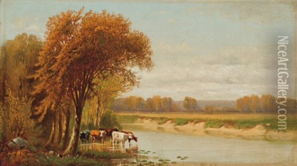 Cattle Along A River; Cattle Watering On A Farm (pair) Oil Painting - Clinton Loveridge