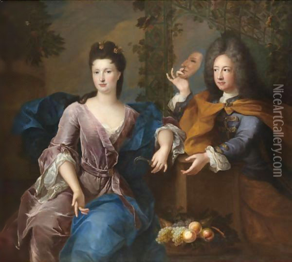 Portrait Of A Lady And A Gentleman, Said To Be Philippe II, Duc D'Orleans (1674-1723) Oil Painting - Pierre Gobert