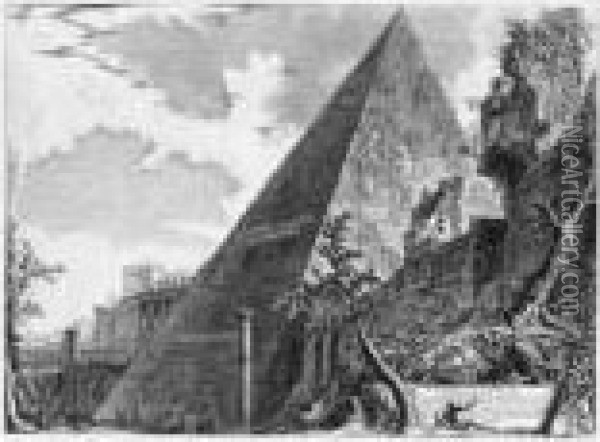 Harbour And Quay; The Pyramid Of Caius Cestius Oil Painting - Giovanni Battista Piranesi