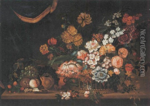 A Still Life Of Flowers And Fruit In A Basket, All Resting Upon A Table, A Draped Curtain Beyond Oil Painting - Pieter Hardime
