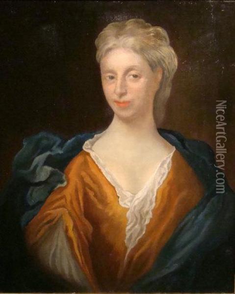 Portrait Of A Lady, Bust Length, Wearing A Bronze Coloured Dress And A Blue Mantle Oil Painting - George Knapton
