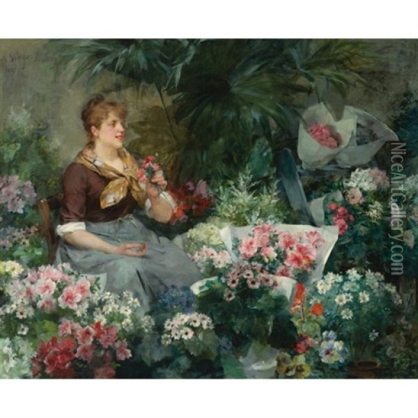 The Flower Seller Oil Painting - Louis Marie de Schryver
