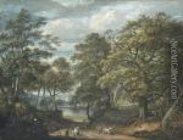 An Extensive Wooded River Landscape With Figures On A Country Roadand A Town Beyond Oil Painting - Paul Sandby