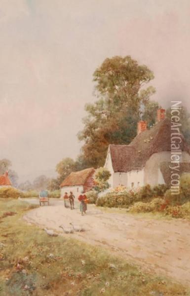 Figures Near Thatched Cottages Oil Painting - Walter Frederick Roofe Tyndale