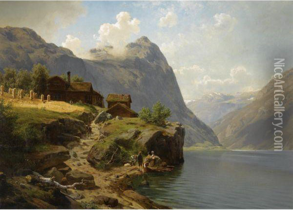 Mennesker I Fjellandskap (figures In A Mountainous River Landscape) Oil Painting - Johan Frederick Eckersberg