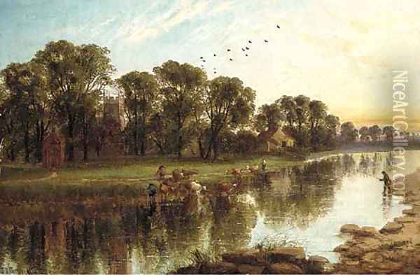 Cows watering near an angler in a river, a church beyond Oil Painting - John Joseph Hughes